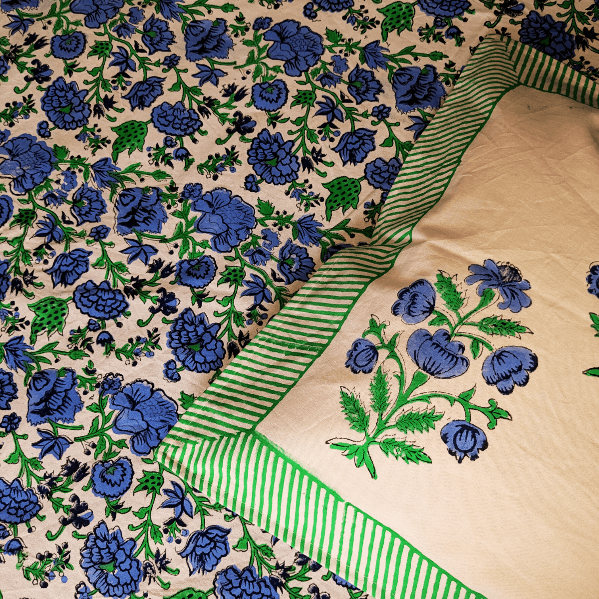 Nilaya Block Print Bedsheet Set, King Size, 108" x 108" - Coral Slub -